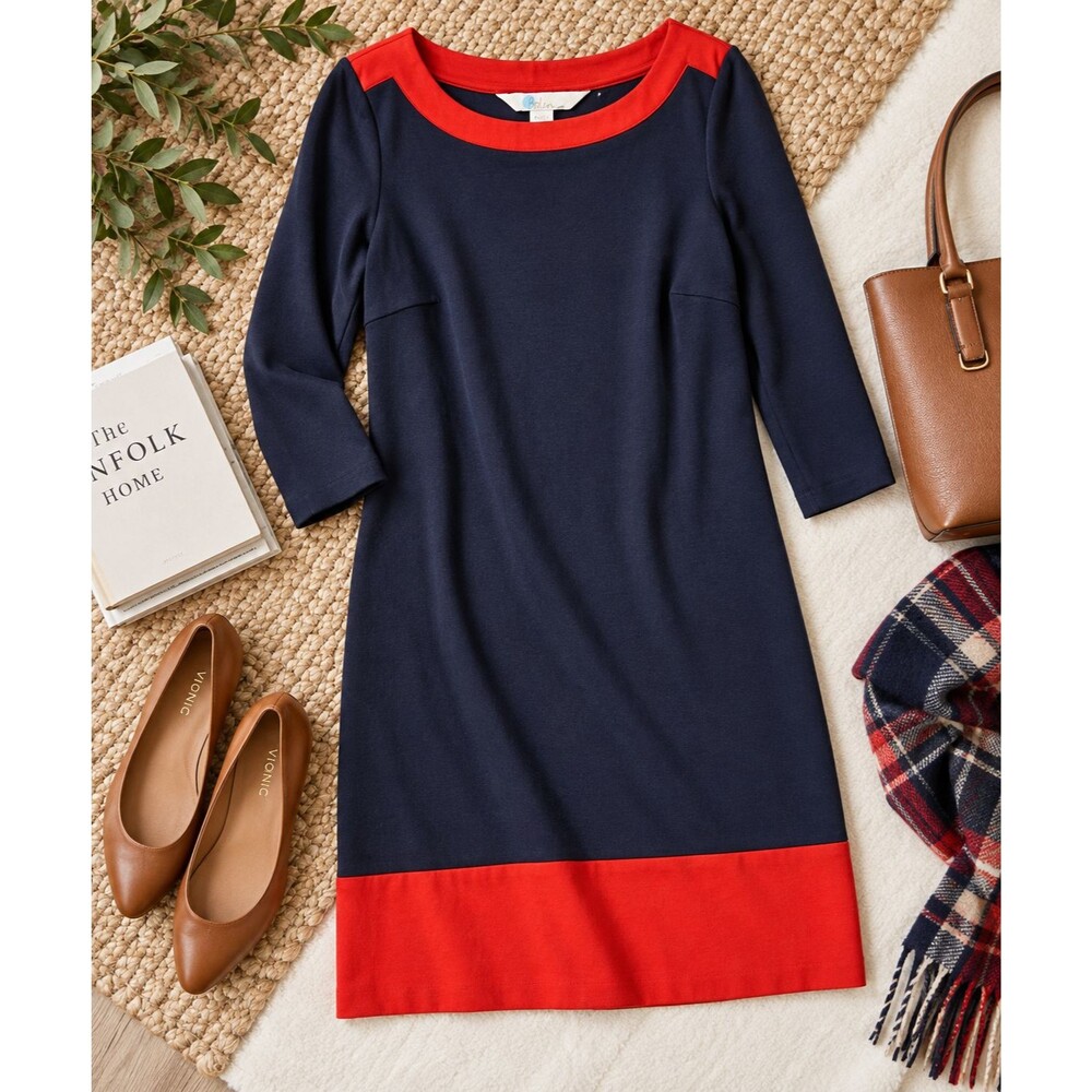 Boden Women's Cotton/Wool Blend Colorblock Shift Dress Navy Red 3/4 Sleeve 10R